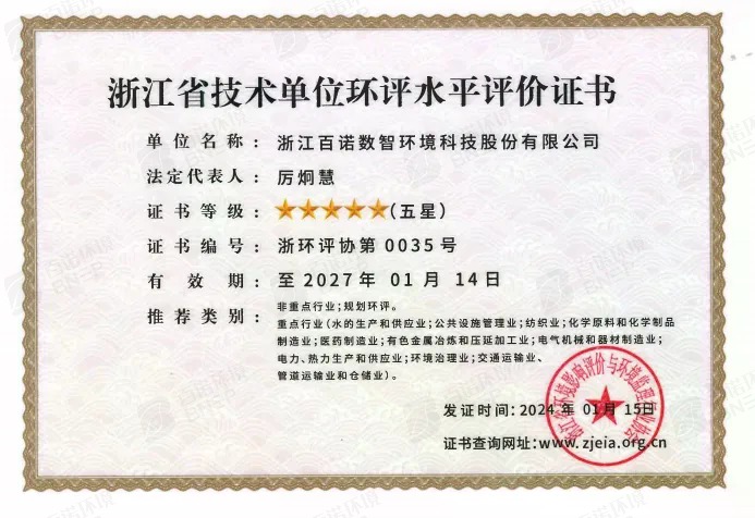 浙江省技术单位环评水平评价证书